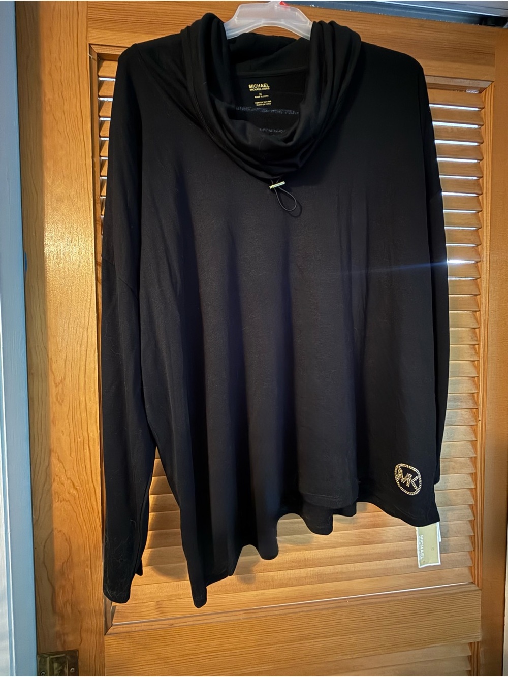 Michael Kors Black Draped Cowl Neck Long Sleeve Top with Rhinestone Logo